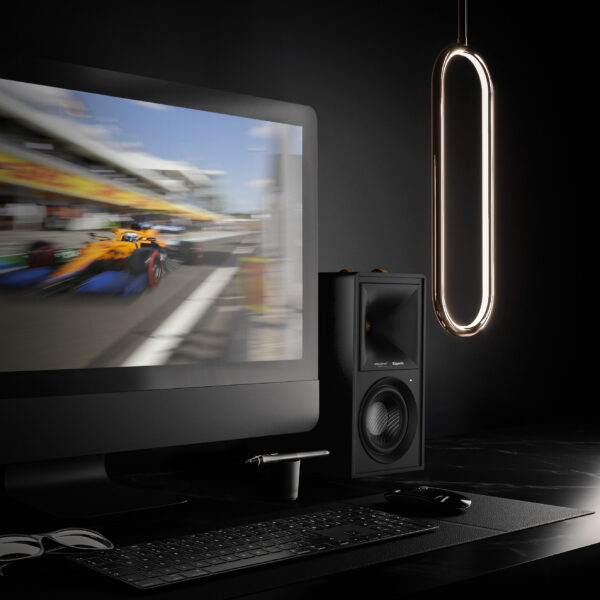 Klipsch-Fives-McLaren-powered-speakers-next-to-computer-monitor